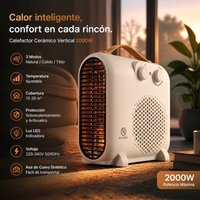 Portable 2000W Ceramic Heater with Adjustable Thermostat and 3 Air Modes, Low-Consumption Electric Heater for Home and Office, Tip-Over Protection, 22.5x11.3x24cm, White and Gray