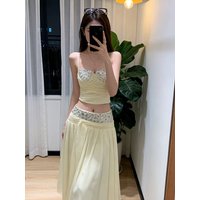 Vacation-Style Women's Matching Set: Elegant & Sexy—Intricately Embellished Sequin Crop Top and Mesh Midi Skirt (Women's Suit)