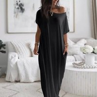 Women's Home Long Dress Summer Sexy One Shoulder Bat Sleeve Dress Casual Women's Solid Color Short Sleeve Long Dress