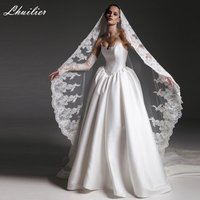 Lhuilier Customized A Line Strapless Satin Wedding Dresses Sleeveless Lace Bridal Gowns with Chapel Train