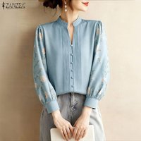 ZANZEA Women's Vintage Pintuck Blouses Elegant Mandarin Collar Floral Printed Patchwork Puff Sleeves Tops Spring Woman Clothes