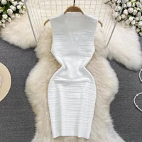 White/Black Sexy Summer Knit Strap Dress Women Tank V Neck Elatic Waist Bodycon Sundress Female Beach Midi Dress