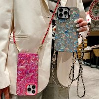 Shell Pattern Glitter Marble Hard Cover with Metal Chain Crossbody Lanyard For iPhone 11 12 13 14 15 16 17Pro Max Plus