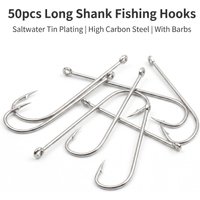 50pcs Long Shank Saltwater Circle Hooks – Tin Plated High Carbon Steel Barbed for Offshore Angling Lure