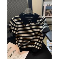 Knitted Stripe Polo Shirt Summer Women Short Sleeve Tops Fashion Casual Versatile Short Sleeve T-shirt Korean Women’s Clothing