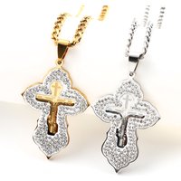 Orthodox Jesus Cross Pendant Necklace for Women Men Silver Color Stainless Steel Full Rhinestones Crucifix Amulet Chain Jewelry