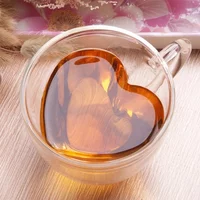 1/2pcs Heart Cup Couple Cup Double Layer Glass Insulated Clear Tea Cups with Handle for Coffee,Cappuccino, Latte, Milk Drinkware