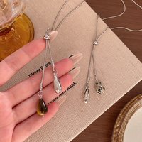 Retro Tiger's-Eye Stone White Spotted Water Drop Pendant Necklace for Women Fashion Adjustable Long Pull Necklace Jewelry Gift