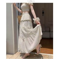 2026 Women Summer Lace Tiered Long Skirt Elastic High Waist Beaded Tassel Ruffle A-Line Maxi Skirt Boho Beach Holiday Daily Wear