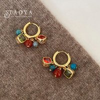Red Green Contrasting Colored Stone Square Pendant Plated With 18K Gold Earrings 2026 New Jewelry For Women's Trendy Accessories