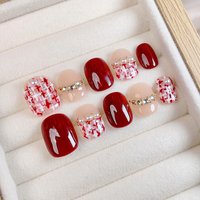 10pcs Short Square Round Handmade Press On Nails Kit, Wine Red Fake Nails, Cute Elegant Wearable Nail Art, Sparkling Rhinestones