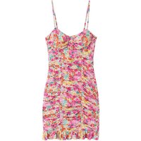 2026 Summer New Floral Print Bodycon Dress Women Sexy Spaghetti Strap Ruched Mini Dress Pink Fantasy Ruffle Hem Party Club Dress