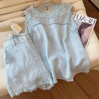 Lace Patchwork Sleeveless Vest Cotton Linen Shorts Set Conjunto De Dos Piezas De Moda Para Mujer 2 Piece Sets Womens Outfits