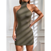 Women's Halter Neck Backless Bodycon Mini Dress, Summer Ribbed Knit Sleeveless Club Party Dress