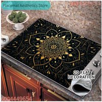 Induction/Electric Stove Cover Compatible for Cooktops Suitable for Ovens, Protective Rubber Mat with Mandala Design, Black & G