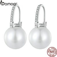 Bamoer 925 Sterling Silver Shell Bead Hoop Earring Simple Piercing Ear Buckles for Women Birthday Anniversary Jewelry Gift
