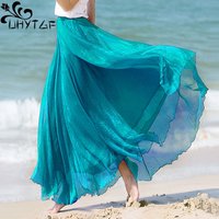 720 Degrees Gold Silk Chiffon 8 Meters Full Skirt Women's Beach Holiday High-Waisted Slim Summer Bright Silk Chiffon Dance Skirt
