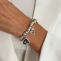 KunJoe Vintage Acrylic Rhinestone Heart Pendant Bracelet Women Simple Silver Color Elastic Beaded Bracelet Jewelry Accessories