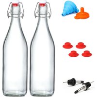 Classic Swing Top Glass Bottles 1L w/Marker & Labels - Clear Bottle with Caps for Juice, Water, Kombucha, Wine, Beer Brewing