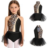 Kids Girls Ballet Leotard Dress Caveman Party Costume Leopard Print Jumpsuit Sleeveless Shiny Rhinestones Mesh Skirted Bodysuit