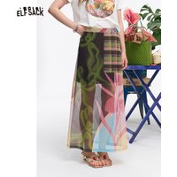 ELFSACK Women's Patchwork Midi Skirt with Floral & Plaid Print, High Waist A Line Long Skirt for Daily