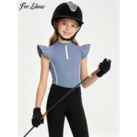 Kids Girls Horse Riding Shirt Ruffled Sleeves Equestrian Top Zip-up Stand Collar Contrasting Trim Quick Dry Sports Shirt