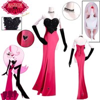Hazbin Hotel Angel Dust Cosplay Costume Black-Pink Sexy Evening Dress Gloves Wig for Halloween Women Anime Role Play Outfit