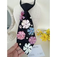 Popular Short Neckband Black Polyester Tie Fresh Flower Embroider Pearl Decoration Girl Group Same Style Y2K Sexy Accessories | Concert Party Street Style Necklace