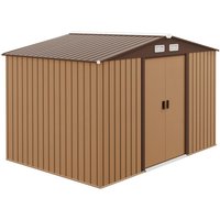 Metal Garden Shed, Outdoor Storage Tool House with Ventilation Slots, Foundation Kit and Lockable Double Doors, Light Brown