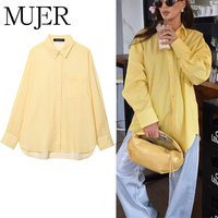 MUJER Striped Oversized Shirt Woman Yellow Casual Long Shirts for Women Button up Shirts and Blouses Women Summer Woman Blouses