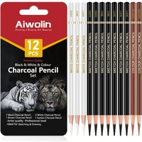 Professional Charcoal Pencils Drawing Set -12 Pieces Soft, Medium and Hard Charcoal Pencils for Drawing, Sketching, Shading, Art