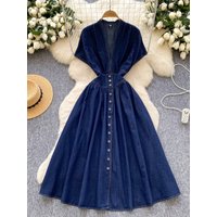 Women Denim Dress Summer Sexy Deep V-neck High Waist Pleated Jeans Dersses Ladies Vintage Slim A-line Long Robe Vestidos