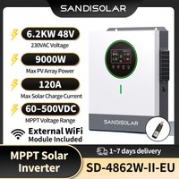 SANDISOLAR 6200W 48V – samodzielny inwerter, maksymalne wejście z paneli fotowoltaicznych 9000W, hybrydowy inwerter solarny, zakres napięcia 60-500VDC, ładowarka MPPT 120A, podwójne wyjście AC 230V,