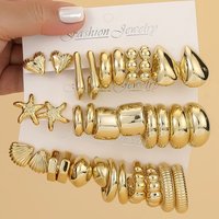 5-16pairs/Set Fashion Starfish,Shell,Pentagram Golden Earrings,Lightweight Plastic Material, Suitable For Daily&Holiday Wear