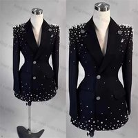 Black Pearls Women Suit Skirt 1 Piece Long Blazer Cotton Prom Dress Custom Made Office Lady Wedding Tuxedo Jacket Coat