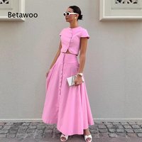 Elegant Pink Two Piece Set Short Sleeve Crop Top High Waist Button Front Flared Maxi Skirt For Party And Casual Outfit
