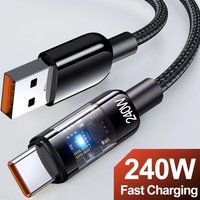 240W Mobile Phone USB C Charger Data Cord USB To Type C Super Fast Charging Cable QC 3.0 LED For Samsung Xiaomi 17 Huawei OPPO