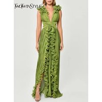 TWOTWINSTYLE Solid Elegant Long Dresses For Women V Neck Sleeveless High Waist Patchwork Ruffles Split Dress Female Fashion 2023