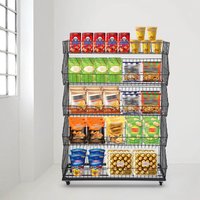 5 Tiers Black Iron Retail Display Rack,Rectangular Freestanding Market Shelf with Wheels 90*43*136cm for Display of Fresh Fruits
