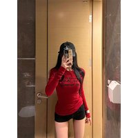 LookYiYi American Retro Red Long Sleeve T-Shirt Women Early Autumn Slim Fit Base Layer Spicy Short Top round Neck Print