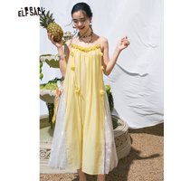 ELFSACK Yellow Floral Applique Cami Maxi Dress with Lace Panels, A-Line Flowy Sundress, Romantic Summer Dress