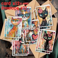 24pcs Hand-Drawn Graffiti Cat Illustration Greeting Card Set with Envelopes,DIY Invitation Card,Multifunctional Fun Express Love