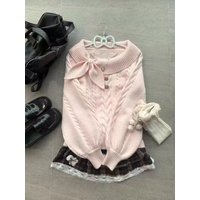 2000s Vintage Kawaii Knit 2 Piece Set Women Gyaru Off Shoulder Sweater + Cake Skirts Korean Winter Sweet Knitwear Slim Outftis