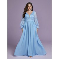Mgiacyv-neck flame-patterned butterfly sequined long-sleeved hem pearl chiffon high-end evening dress
