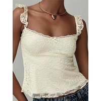 Vintage Women Summer Slim Fit Camis Tops Sleeveless Ruffles Strap Low Cut Square Neck Lace Floral Tank Mini Vest