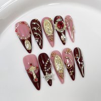 10Pcs Retro Red Stiletto Handmade Press on Nails Long Fake Nails with 3D Decorative Design False Nails 네일팁 Накладные Ногти Uñas