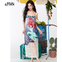 ELFSACK V Neck Mermaid Print Satin Maxi Dress, Pearl Lace Trim Irregular Hem Slip Dress, Retro Sweet Beach Outfit for Women