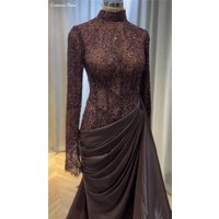 Contessa Custom Luxury Dark Chocolate Evening Gown Long Sleeve High Neck Dubai Heavy Beaded Prom Dress Mother of the Bride