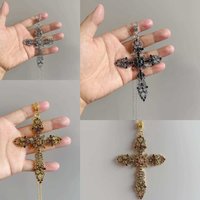 Exaggerated Punk Rhinestone Hollowed-out Cross Pendant 70cm Long Beaded Necklace for Men Women Hip-hop Personality Y2k Jewelry