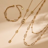 Dainty Layered Chain Necklaces Bracelets for Women 18k Gold Plated With Zircon Charm Stainless Steel Y Necklace Bracelet Set